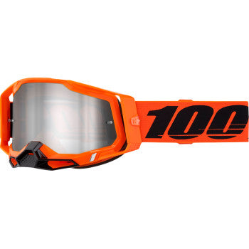 Bill's Exhausts 100% Racecraft 2 goggles in neon orange with silver mirror lenses, featuring a sleek, aerodynamic design for racing.