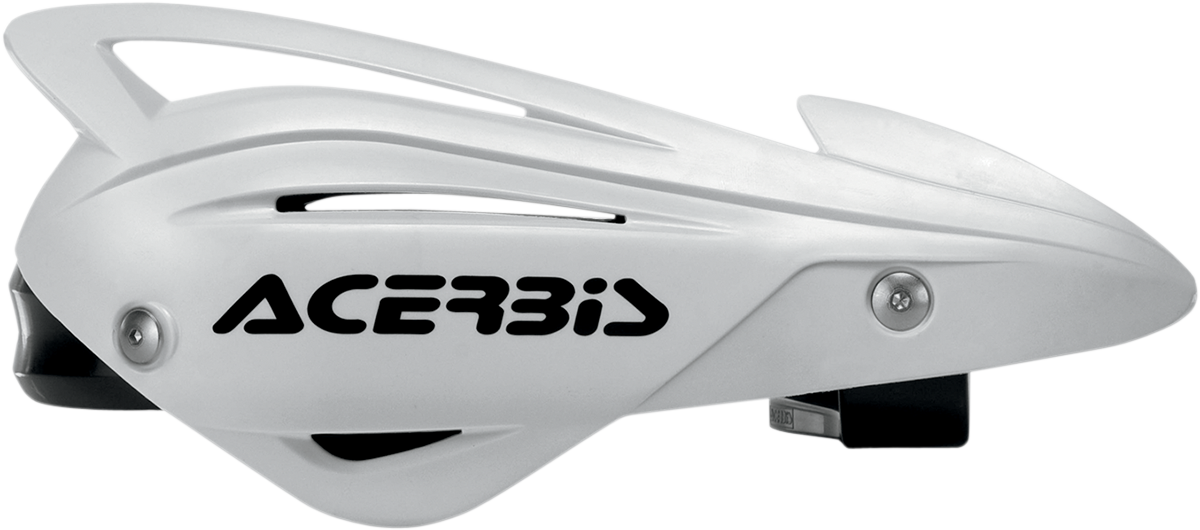 A pair of white ACERBIS Tri Fit handguards for motorcycle handlebars, with mounting hardware visible on a neutral background.