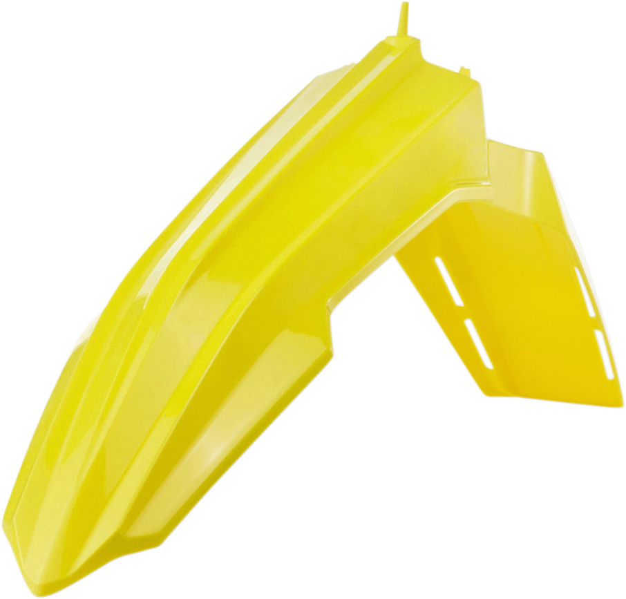 Acerbis fluorescent yellow front fender for motorcycles, designed for durability and visibility, with brand and product details visible.