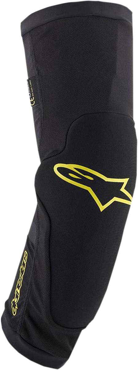 Alpinestars Paragon Plus knee guards in black and yellow, small size, protective gear designed for motorcycle safety.