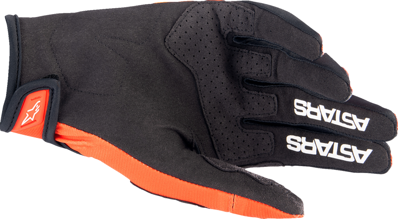 Alpinestars Techstar motorcycle gloves in hot orange and black, 2XL, with reinforced palms and protective features.