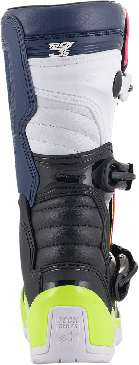 Alpinestars Tech 3S motorcycle boots in black, blue, pink, white, and yellow with durable construction and reinforced ankle protection.