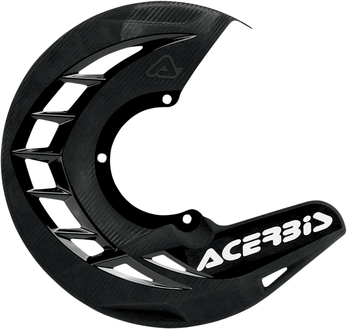 A black ACERBIS X-Brake disc cover mounted on a motorcycle, showcasing its protective body design and brand details.