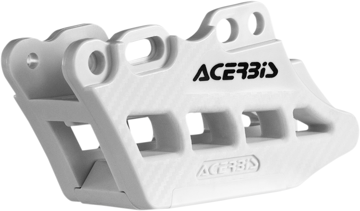 White Acerbis complete chain guide block for Yamaha motorcycle, installed on the bike's body with visible mounting details.