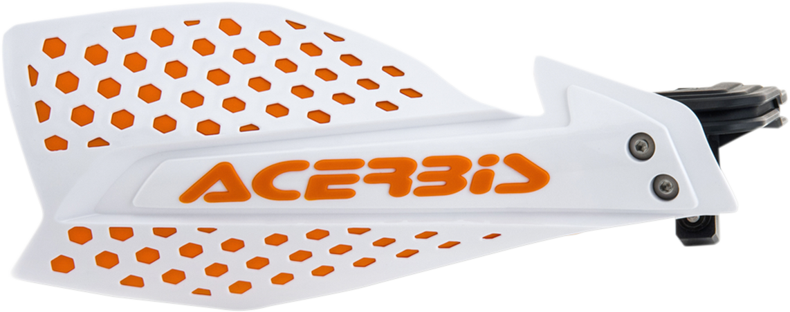 Acerbis X-Ultimate handguards in white and orange, designed for motorcycle handlebars, with protective body and mounting hardware.