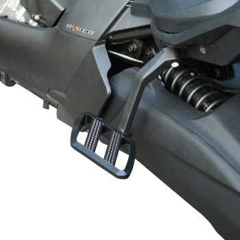 Can-Am Ryker combat passenger boards by SHOW CHROME, installed on a motorcycle with visible mounting hardware and chrome finish