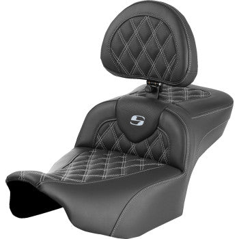 Bill's Exhausts SADDLEMEN Roadsofa™ extended reach motorcycle seat with backrest, lattice stitch, silver accents for FLTR/FLHX 2023-2024