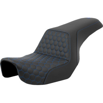 SADDLEMEN Step-Up Seat in honeycomb blue stitching for Dyna models 2006-2017, featuring textured design and comfortable padding.