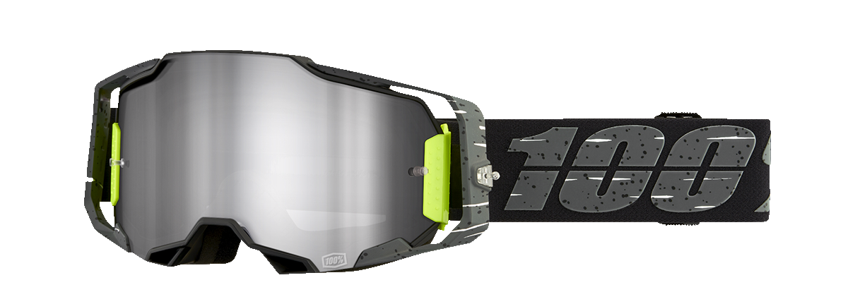 Bill's Exhausts 100% Armega Goggles Antibia Silver Flash Mirror with tinted lenses and sleek frame design.