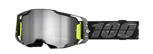 Bill's Exhausts 100% Armega Goggles Antibia Silver Flash Mirror with tinted lenses and sleek frame design.