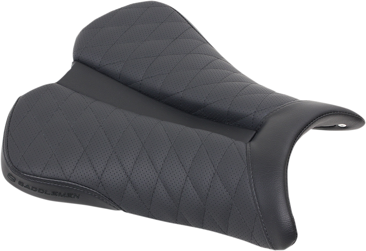 Black SADDLEMEN Track Seat with lattice stitch for Kawasaki ZX6R '09-'18, designed for sporty motorcycle seating comfort.