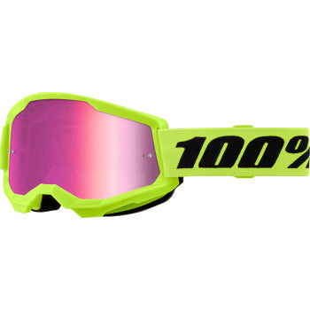 Bill's Exhausts 100% Strata 2 goggles with neon yellow frame and pink mirror lenses, designed for motocross or off-road riding.
