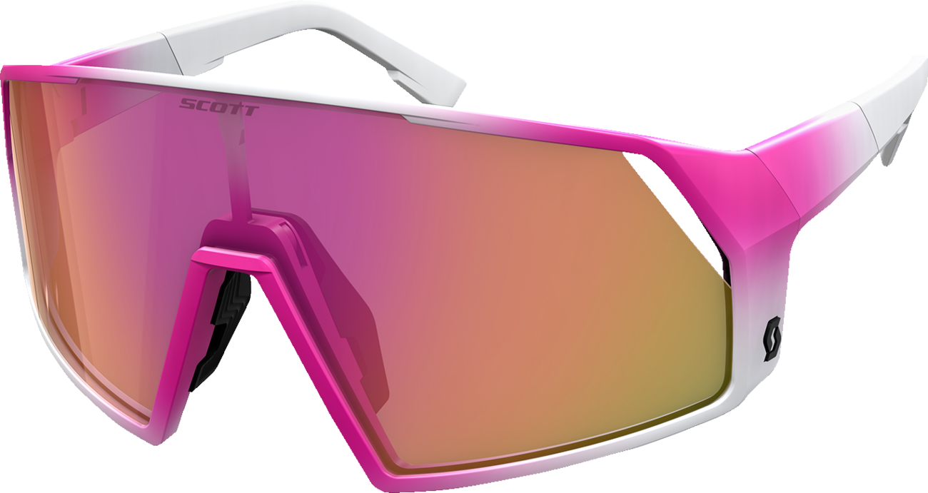 Scott Pro Shield sunglasses in white and pink with pink chrome lenses, featuring a sporty design by Bill's Exhausts.