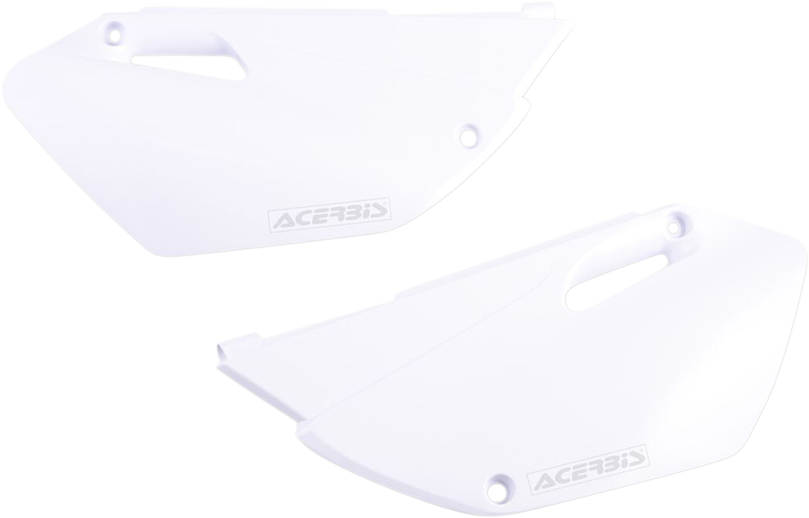Acerbis white side panels for motorcycle body, showcasing sleek design and fitment details.