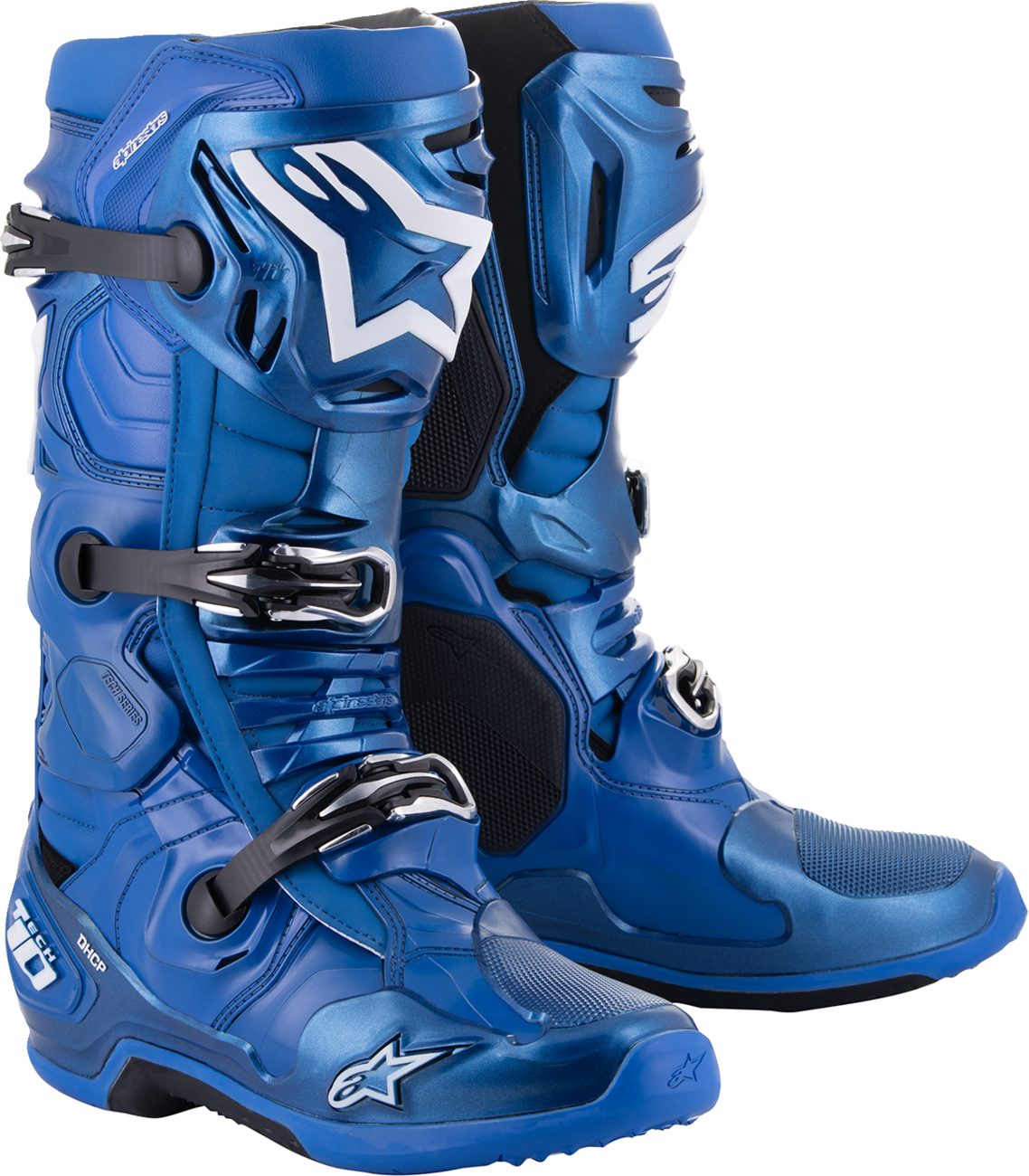 Alpinestars Tech 10 motorcycle boots in blue, US size 8, with protective design and sturdy construction.