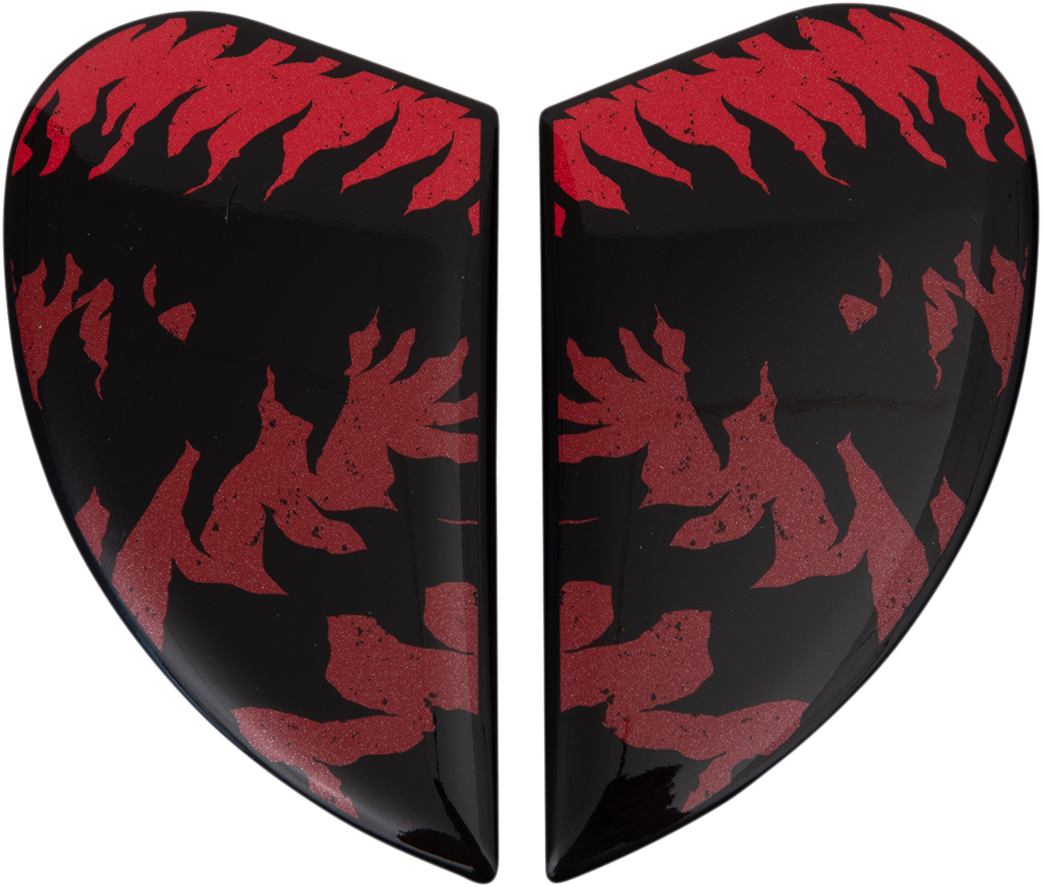 Red ICON Airform™ Side Plates for Lycan helmet, motorcycle helmet parts by Bill's Exhausts, shown on a plain background.