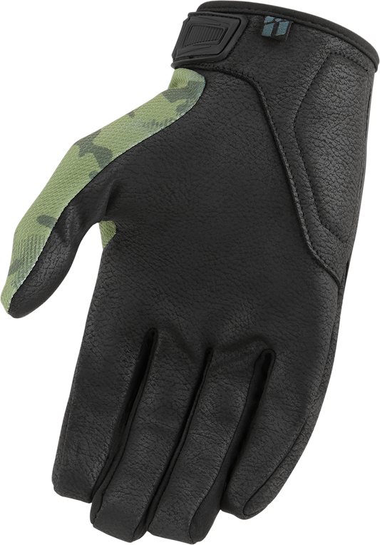 Green camo ICON Hooligan CE gloves in medium size, featuring durable construction and tactical design by Bill's Exhausts.