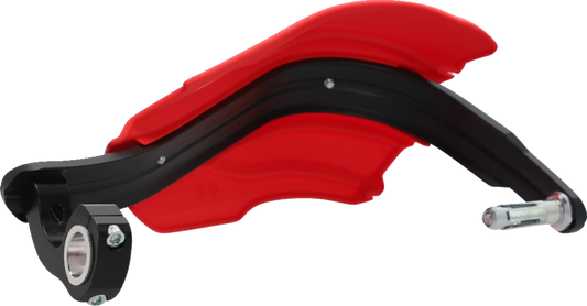 Acerbis Endurance X motorcycle handguards in red and white mounted on bike handlebars, offering protection during riding.
