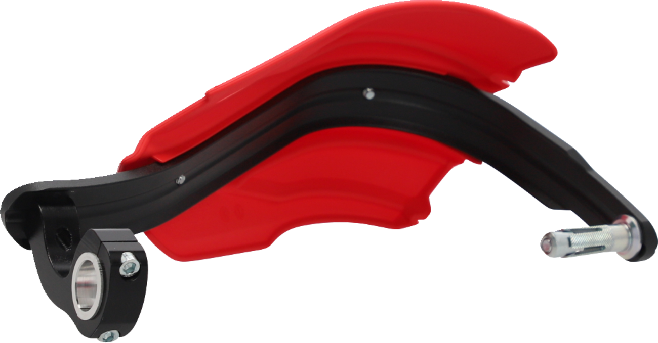 Acerbis Endurance X motorcycle handguards in red and white mounted on bike handlebars, offering protection during riding.