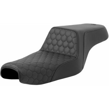 SADDLEMEN Step-Up Seat for Sportster 2004-2021, honeycomb design with black stitching, fits 3.3 gal tank, by Bill's Exhausts