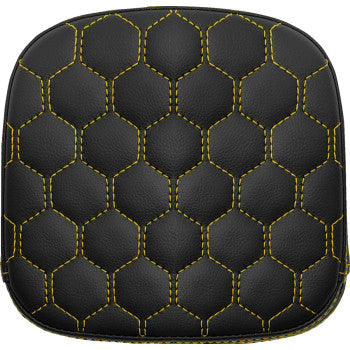 SADDLEMEN sissy bar pad in honeycomb design with gold stitching, featuring comfortable padding for motorcycle passenger support.