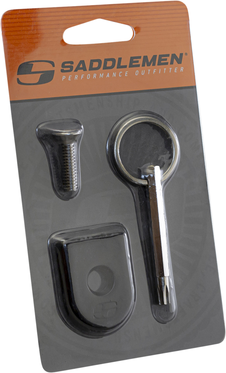 Black Saddlemens Security Seat Screw for motorcycle seats, designed for secure installation and durability.