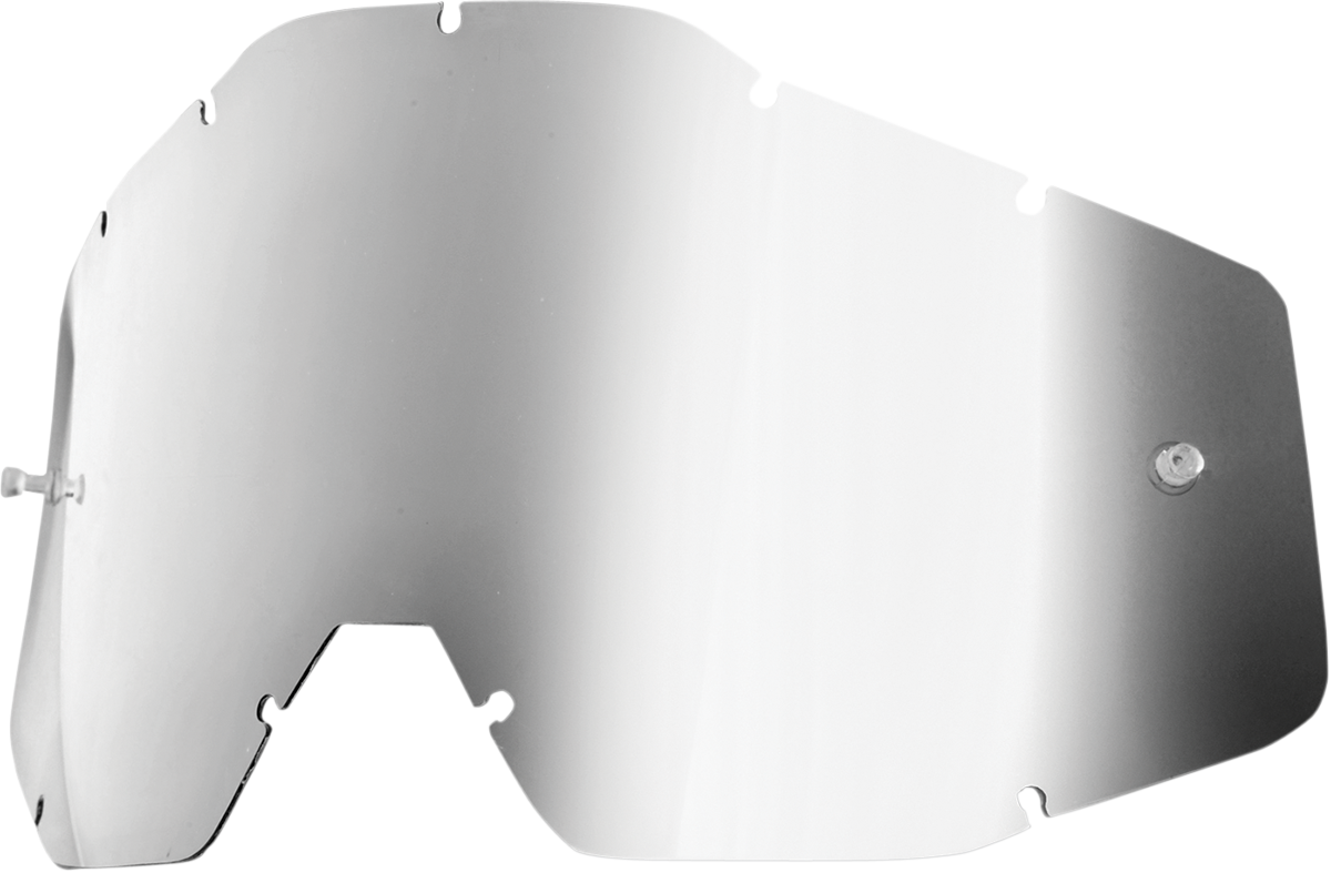 Silver mirror racing lens for Accuri, Strata, and Racecraft helmets, featuring a sleek, reflective finish from Bill's Exhausts.