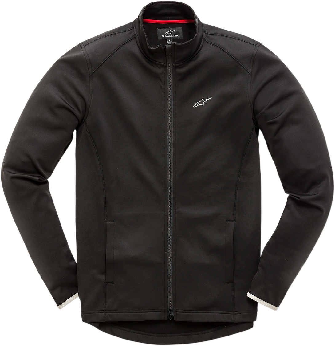 Black ALPINESTARS Purpose Mid-Layer Jacket in 2XL, featuring a sleek design perfect for layering and outdoor activities.
