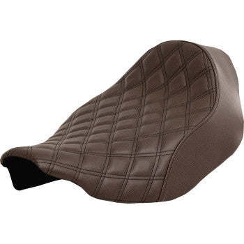Brown SADDLEMEN Renegade Solo Seat with lattice stitching for FLT/FLH 2023-2024 motorcycles, designed for comfort and style.