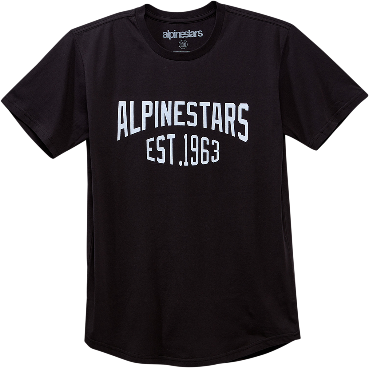 Alpinestars black arched premium T-shirt, large size, casual men's apparel with logo design, front view.