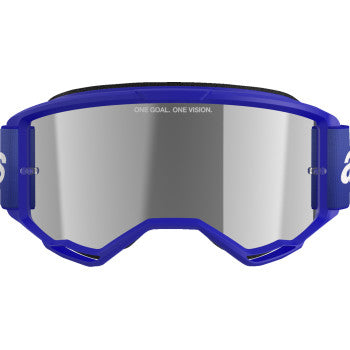 Bill's Exhausts Alpinstars Vision 3 Goggle in blue with silver mirror lenses, featuring a bold wordmark for motorcycle or sports use.