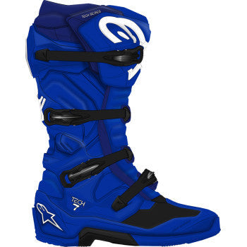 Alpinestars Tech 7 motorcycle boots in blue, US size 14, showcasing protective design and sturdy construction.