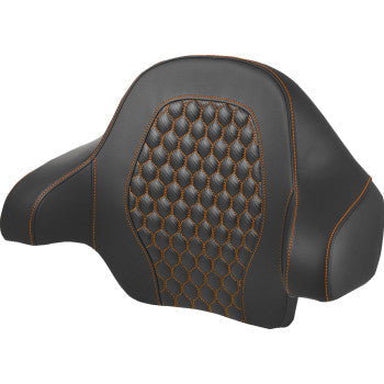 SADDLEMEN Tour Pack Backrest Pad in honeycomb with orange stitching for FL models 2014-2024, designed by Bill's Exhausts