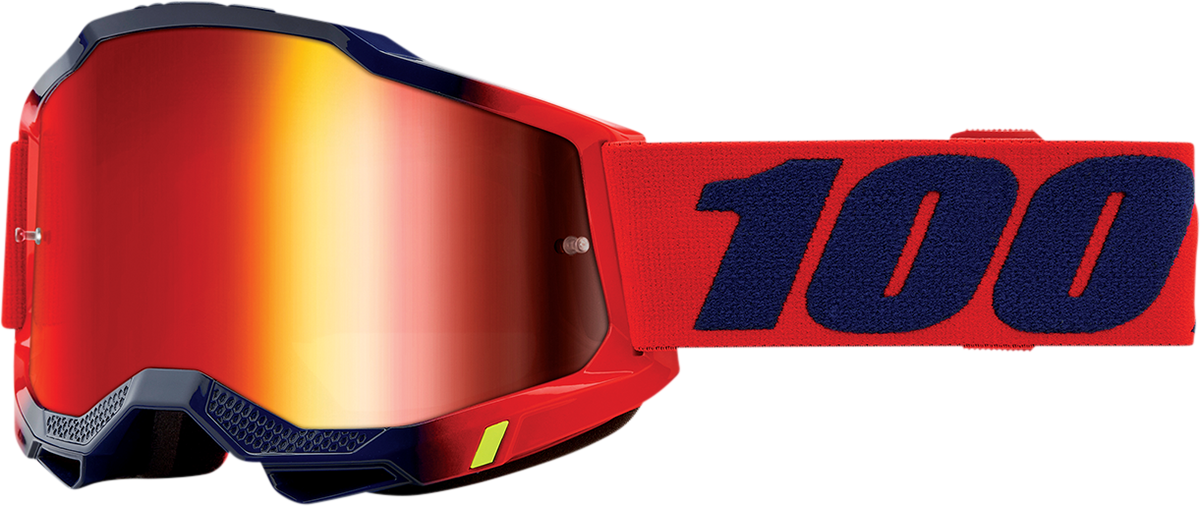 Bill's Exhausts 100% Accuri 2 Goggles with red mirror lenses, featuring a sporty design for motorcycle or outdoor use.