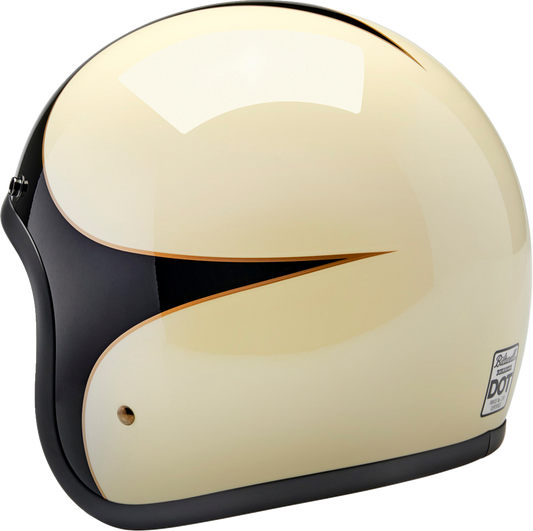 Biltwell Bonanza helmet in gloss vintage white and black scallop design, medium size, showcasing its stylish retro helmet style.