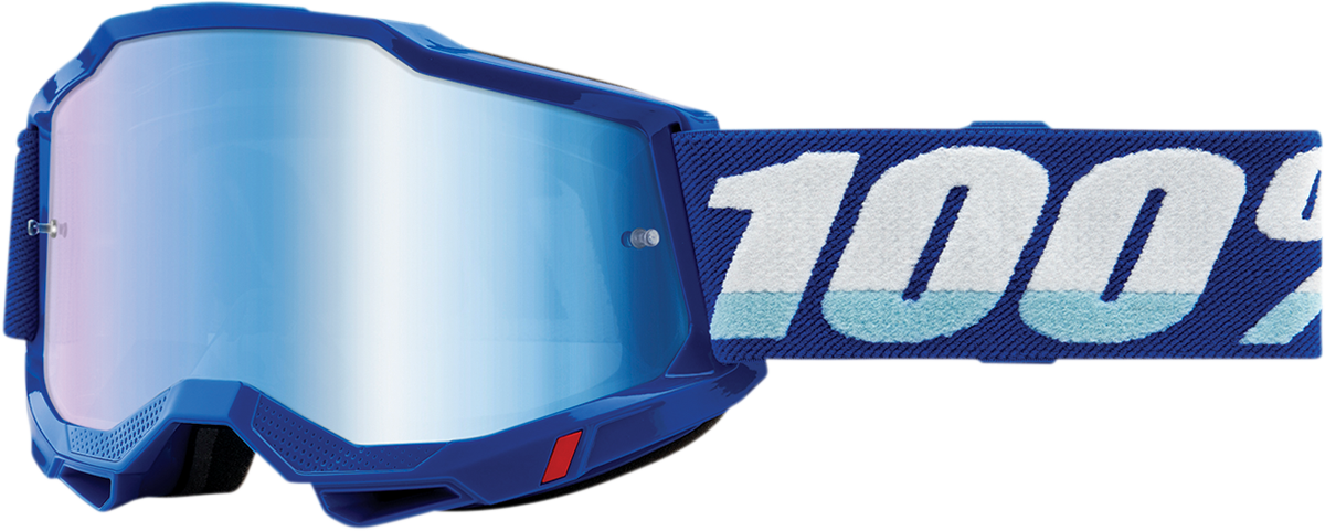 Bill's Exhausts 100% Accuri 2 goggles with blue mirror lenses, featuring a sleek blue frame and reflective surface for motocross riding.