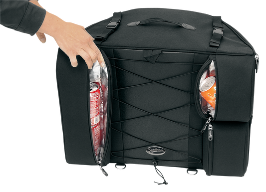 Bill's Exhausts Saddlemens Backrest Bag 3501-0322 seat with built-in backrest and storage pocket, designed for motorcycle comfort.