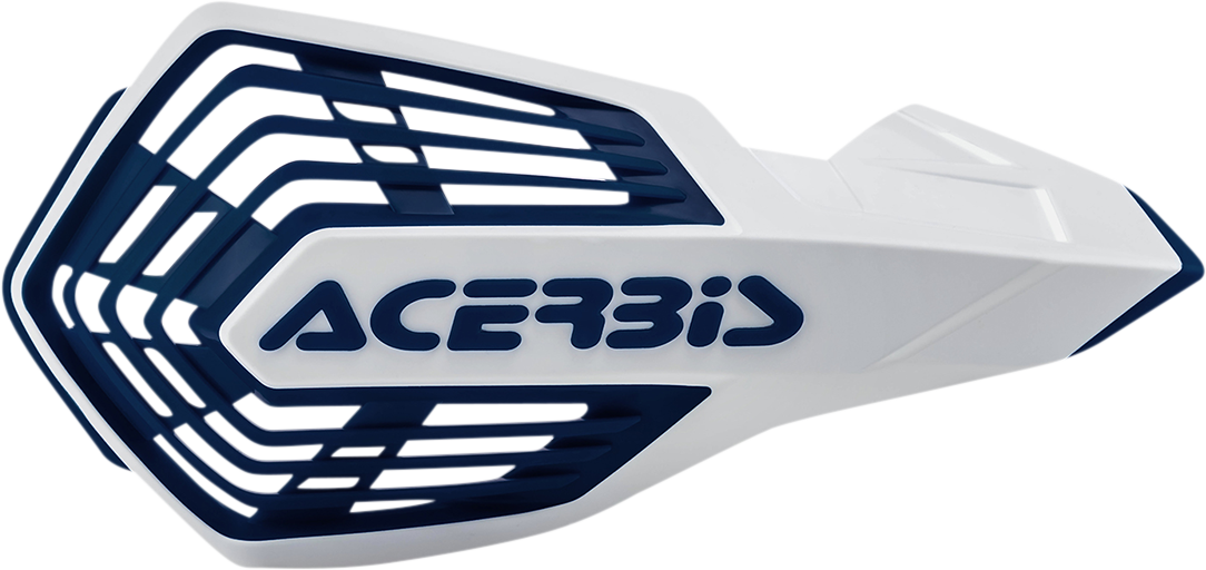 Acerbis X-Future white and blue motorcycle handguards mounted on handlebars, designed for off-road or motocross riding.