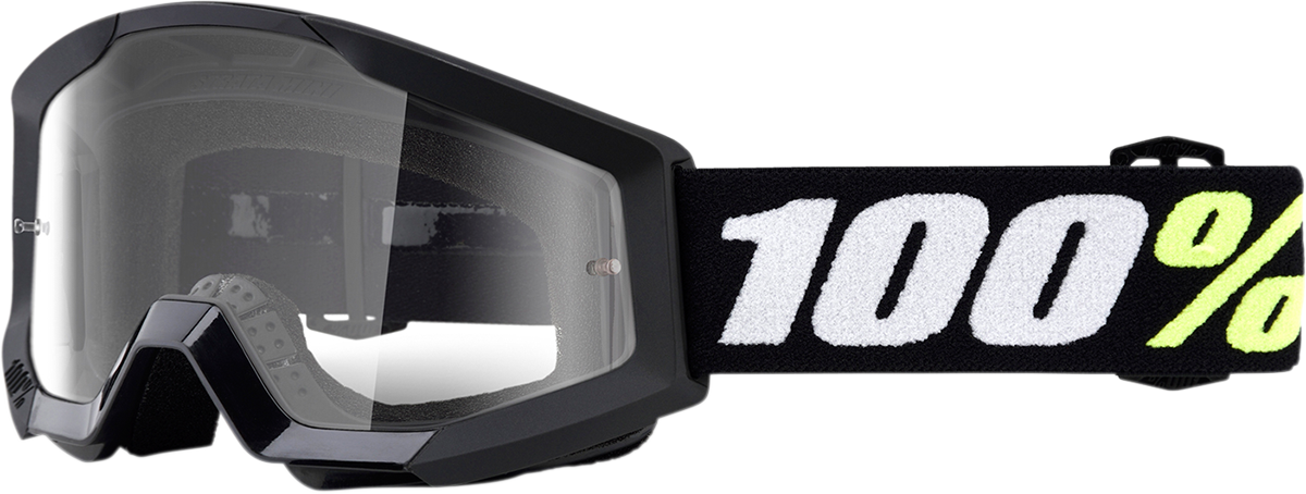 Bill's Exhausts 100% Strata Mini Goggles in black with clear lens, showing the compact design and adjustable strap