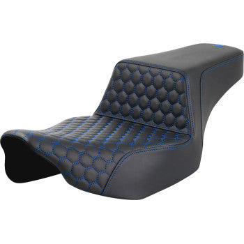 SADDLEMEN Step-Up Seat for FL models, extended reach, front honeycomb design with blue stitching, by Bill's Exhausts.
