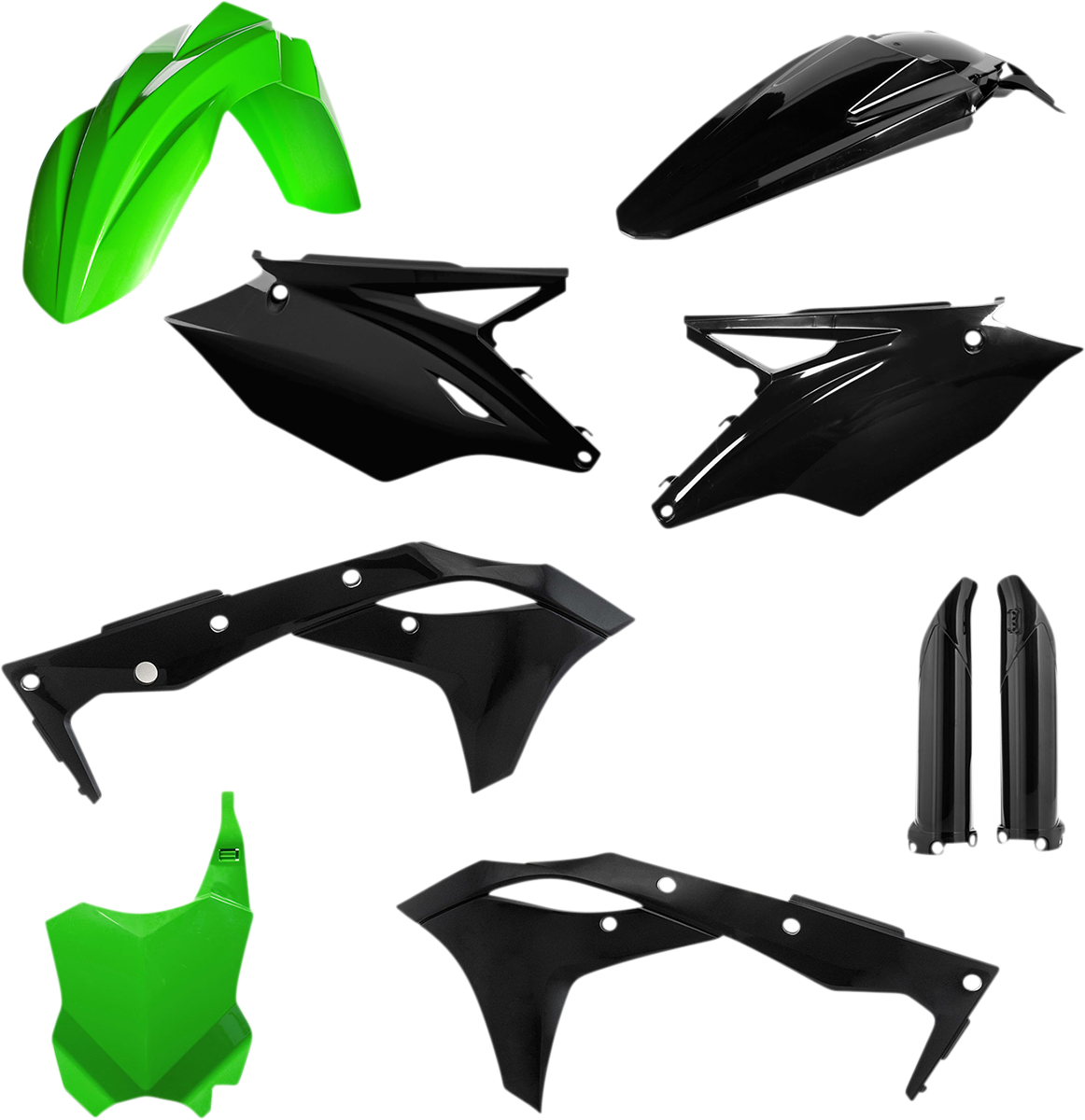 Acerbis full replacement body kit in green and black, designed for motorcycle customization and repair.