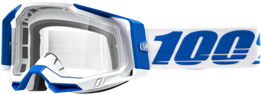 Bill's Exhausts 100% Racecraft 2 Goggles Isola with clear lenses, adjustable strap, and ventilation for motocross riding.