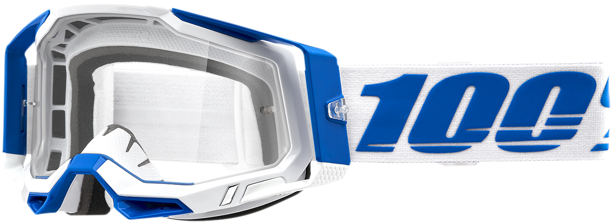 Bill's Exhausts 100% Racecraft 2 Goggles Isola with clear lenses, adjustable strap, and ventilation for motocross riding.