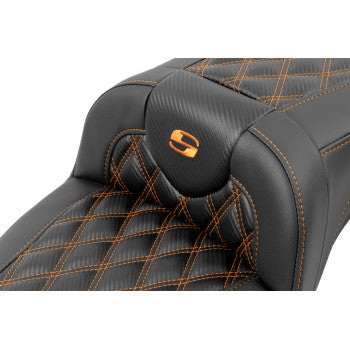SADDLEMEN Roadsofa™ extended reach motorcycle seat with backrest, lattice stitch, orange stitching for FLTR/FLHX 2023-2024 models