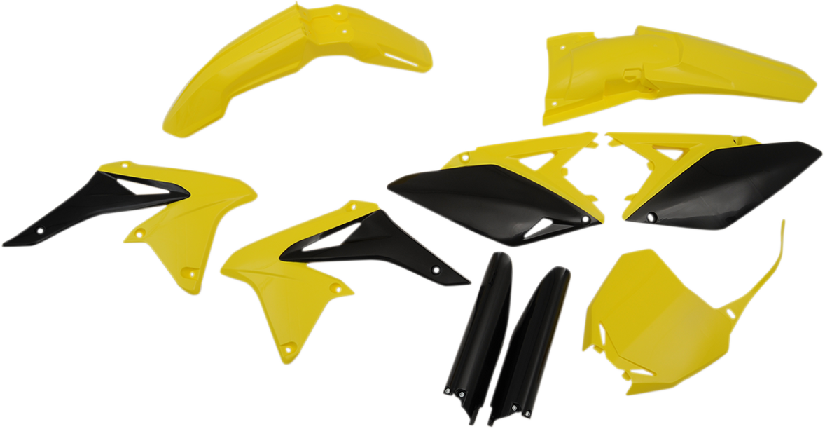 Acerbis full replacement body kit in yellow and black for OEM '17 motorcycle, featuring panels and body parts on a white background.