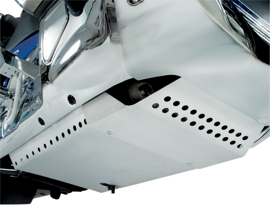 Bill's Exhausts SHOW CHROME aluminum belly pan for engine, showcasing a sleek, polished metal surface with mounting brackets.