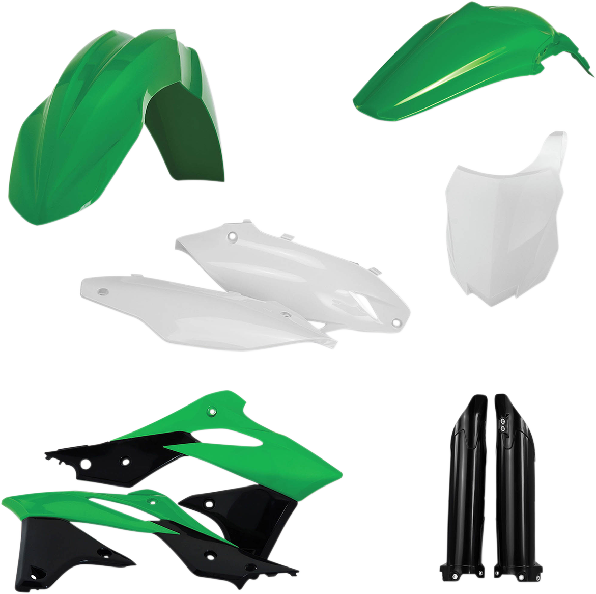 Acerbis full replacement body kit in green, white, and black for OE 2016 motorcycle, featuring sleek body panels and design.
