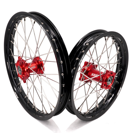 KKE 19 & 16 Spoked Kid's Wheels Rims Set for Kawasaki KX80 KX85 KX100 Red Hubs - Howling Moto