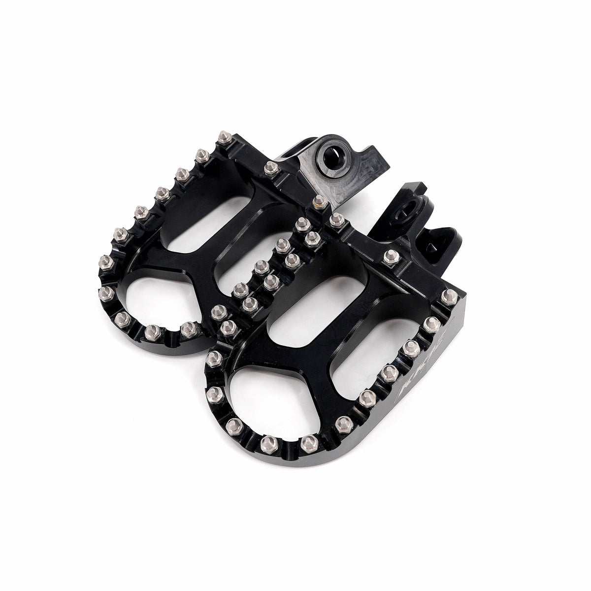 KKE Racing billet aluminum footpegs in black and red for Rawrr Mantis and Mantis X e-motor bikes, rear view with textured surface
