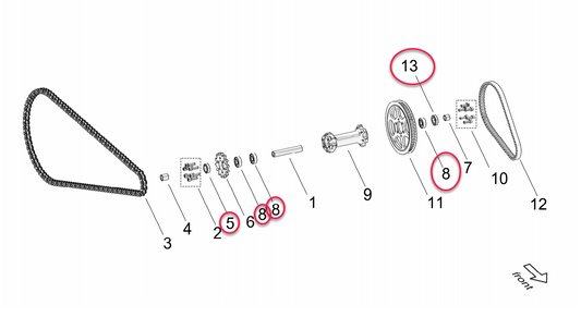 Diagram of eDirtyBike Ultra Bearings bearing kit for Surron Ultra Bee intermediate shaft, showing assembly components and placement.